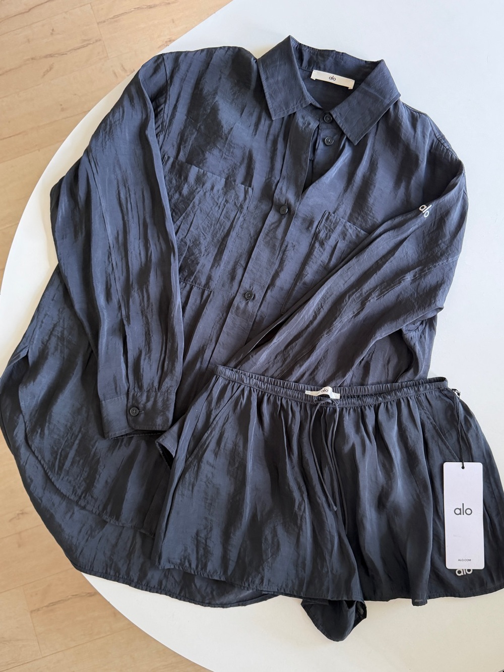ALO Semi-Sheer Golden Hour Mid-Rise Short + Button Down Long Sleeve Set - Small